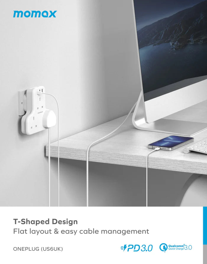 Momax ONEPLUG PD 20W 3-Outlet T-shaped Extension Socket With USB - مقبس تمديد ثلاثي الشكل مع منفذ يو اس بي ومخرج الطاقة بقوة 20 وات من موماكس