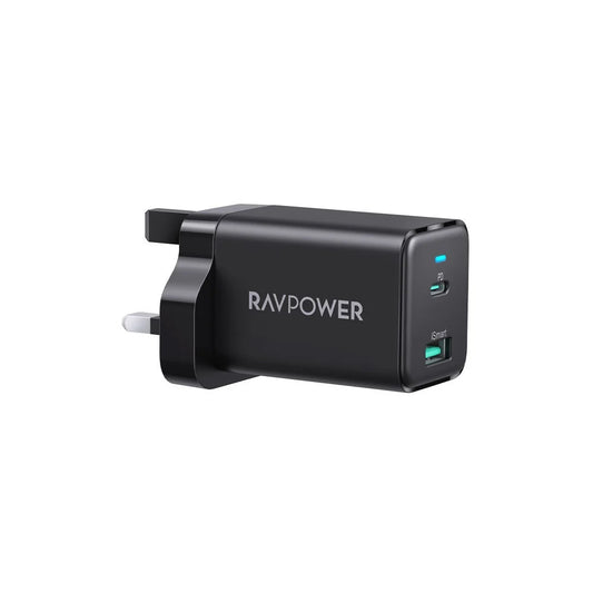 شاحن بقدرة 45 واط مع منفذين من راف باور - RAVPower Wall Charger Dual Ports Type C + USB Fast Charging