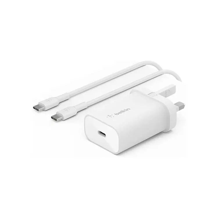 بلكن شاحن حائط تايب سي 25 واط مع كيبل تايب سي الى ايفون - Belkin BoostCharge USB-C Wall Charger 25W USB-C PD Certified with PPS & 1M USB-C to Lightning Cable