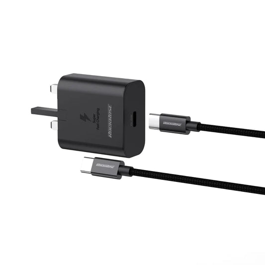 روك روز شاحن جداري يو اس بي سي 25 واط بي دي مع كيبل يو اس بي-سي - Rockrose Charger Wall USB-C 25W PD (UK) With USB-C Cable