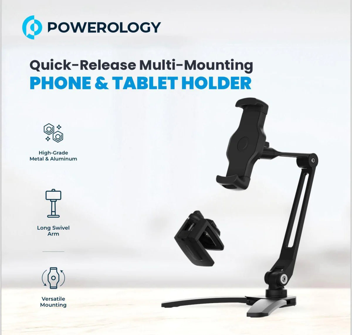 حامل هاتف باورولوجي المعدني قابل للدوران 360 درجة مع قاعدة تثبيت - اسود | Powerology Solid Alloy Aluminum 360° Rotatable Suction Phone Holder - Black.