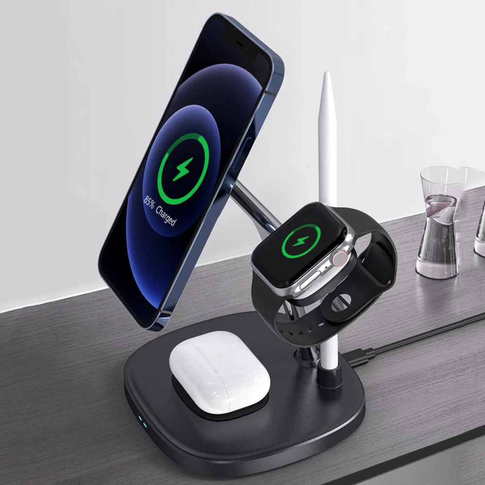 شاحن ويوو 4 في 1 اللاسلكي السريع, متوافق مع ماج سيف  | WiWU 4 in 1 Wireless Magsafe Phone Stand Fast Charging Charger