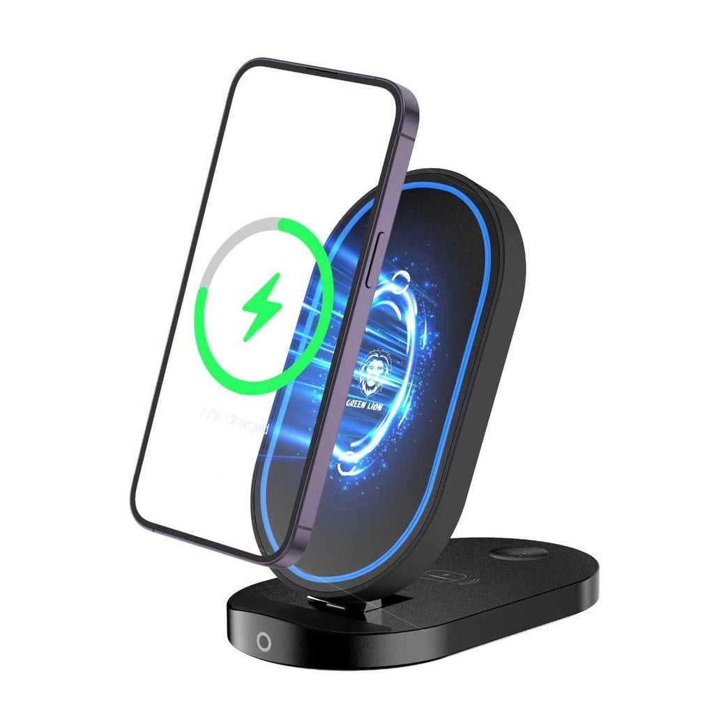 Green Lion 3-in-1 Foldable Wireless Charger Stand 15W Fast Charging - شاحن جرين ليون اللاسلكي 3 في 1 بتصميم قابل للطي
