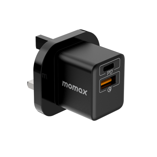 Momax One Plug 20W 2-Port Mini Charger UK - شاحن جداري بمنفذين يو اس بي سي ويو اس بي سي أ بقدرة 20 واط من موماكس