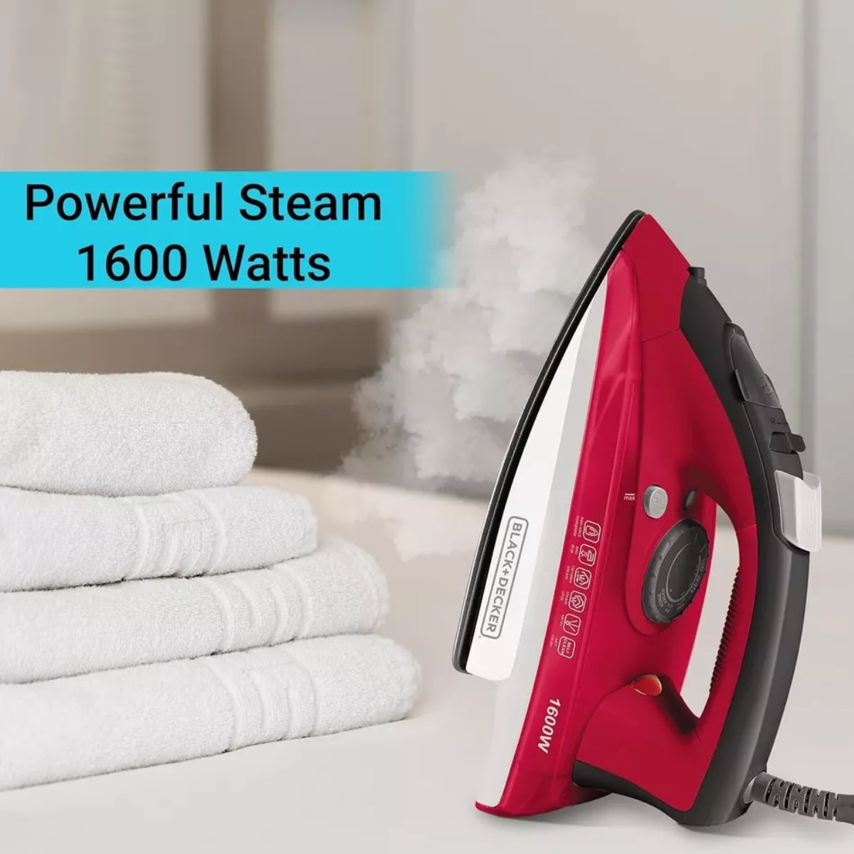 Black+Decker Steam iron 1600W 300ml, ceramic coated soleplate - مكواة بخار بلاك أند ديكر 1600 واط مع قاعدة سيراميك وخزان 300 مل