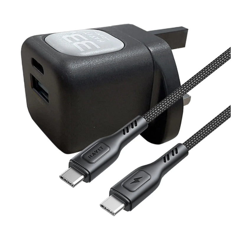 Havit UC230 33W Dual-Port Fast Charger + 60W USB-C to USB-C Cable – شاحن جداري بقدرة 33واط بمنفذين تايب سي ويو اس بي وكيبل تايب سي من هافيت