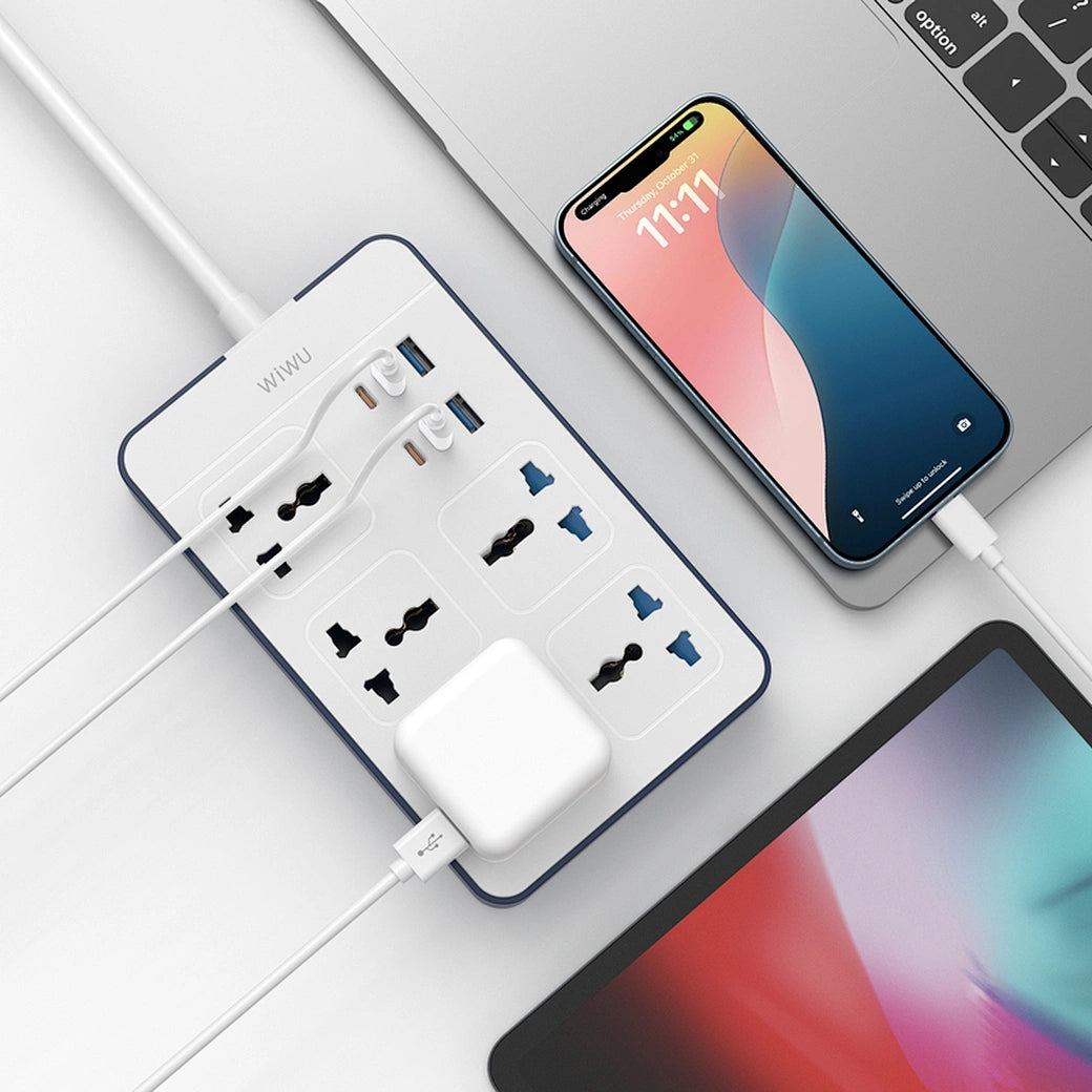 وصلة كهربائية ويوو 11 في 1 بمنفذين يو اس بي اي و 4 منافذ تايب سي بقدرة شحن 20 واط وكيبل بطول 2 متر | WiWU Wi-S006 PS524 20W GaN 11 in 1 Multifunction Power Strip – 2m Cable