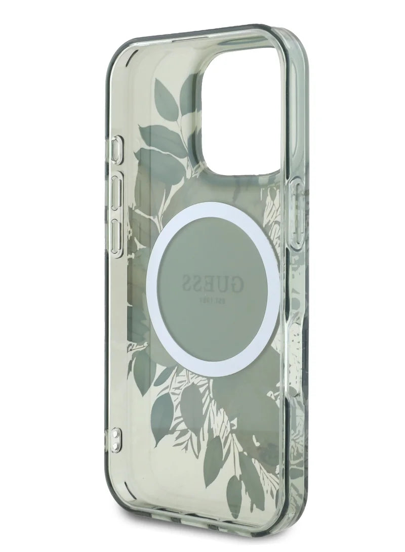 GUESS MagSafe Transparent Flower Case with Circle Logo for iPhone 16 Pro | كفر شفاف GUESS بتصميم ازهار وشعار دائري, متوافق مع ماج سيف لهاتف ايفون 16 برو