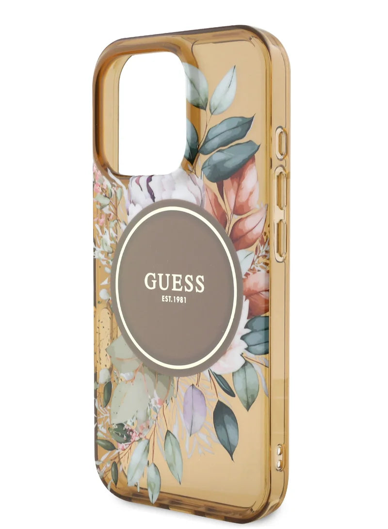 GUESS MagSafe Transparent Flower Case with Circle Logo for iPhone 16 Pro | كفر شفاف GUESS بتصميم ازهار وشعار دائري, متوافق مع ماج سيف لهاتف ايفون 16 برو