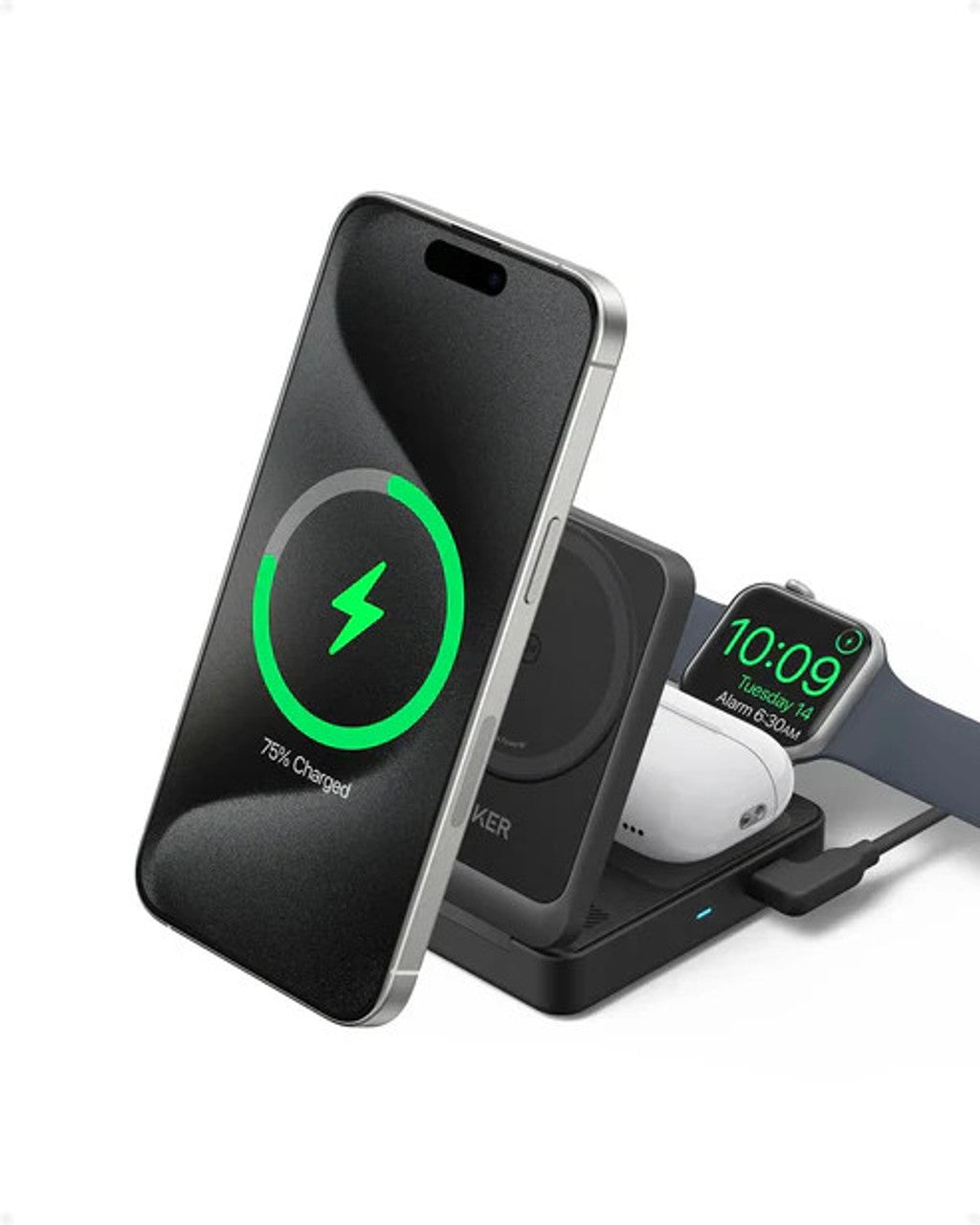 Anker MagGo 15W 3-in-1 Wireless Charging Station, Qi2 Certified Foldable Charger for iPhone | قاعدة شحن لاسلكية انكر ماج جو بقدرة 15 واط, شاحن 3 في 1 قابل للطي مع دعم QI2 للايفون