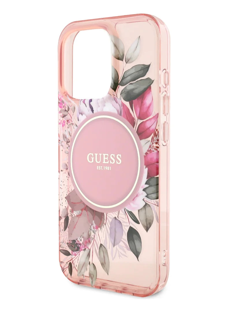 GUESS MagSafe Transparent Flower Case with Circle Logo for iPhone 16 Pro | كفر شفاف GUESS بتصميم ازهار وشعار دائري, متوافق مع ماج سيف لهاتف ايفون 16 برو