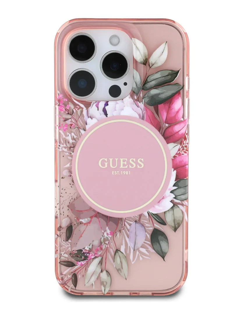 GUESS MagSafe Transparent Flower Case with Circle Logo for iPhone 16 Pro | كفر شفاف GUESS بتصميم ازهار وشعار دائري, متوافق مع ماج سيف لهاتف ايفون 16 برو