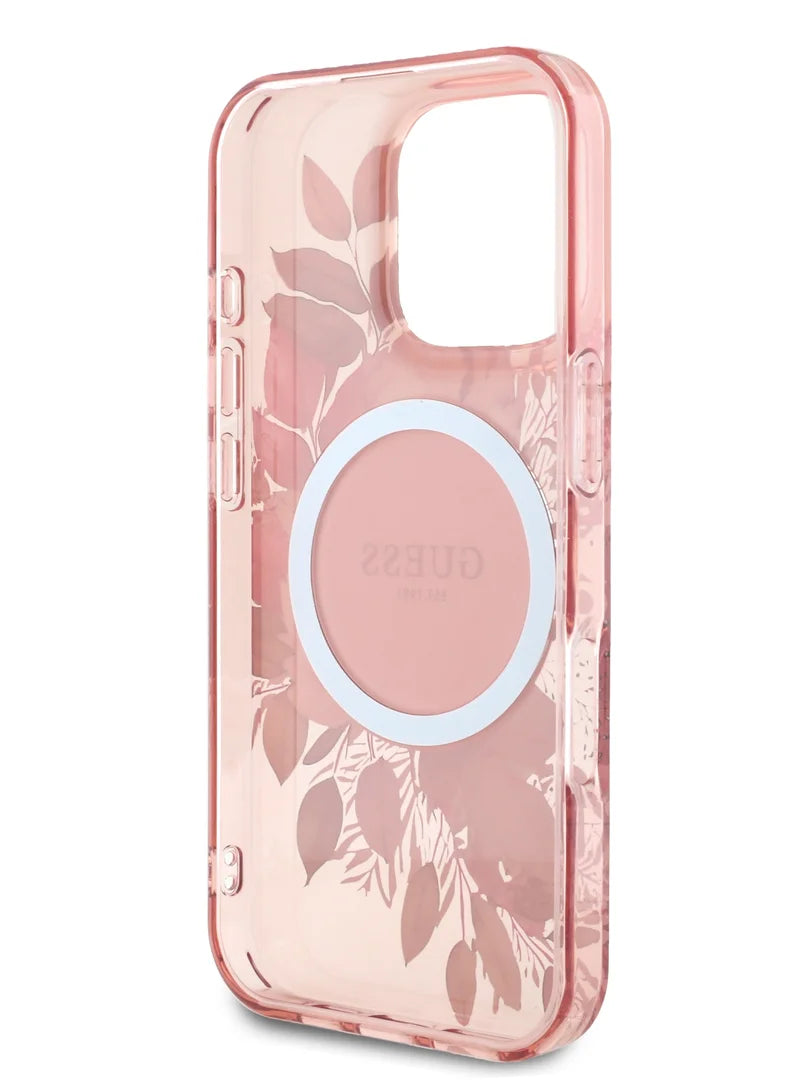 GUESS MagSafe Transparent Flower Case with Circle Logo for iPhone 16 Pro | كفر شفاف GUESS بتصميم ازهار وشعار دائري, متوافق مع ماج سيف لهاتف ايفون 16 برو