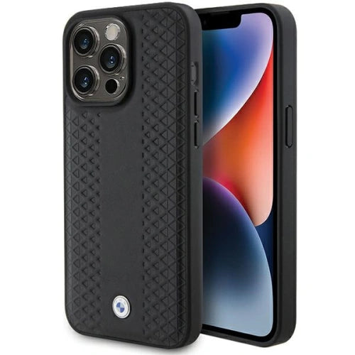 BMW Leather Case, Diamond Pattern, Slim Fit, Shockproof for iPhone 15 Pro Max | كفر بي ام دبليو جلدي بنقشة ماسية لهاتف ايفون 15 برو ماكس, تصميم نحيف مقاوم للصدمات