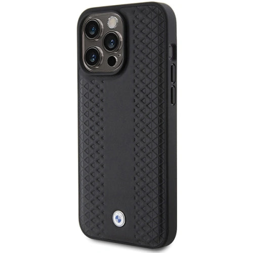 BMW Leather Case, Diamond Pattern, Slim Fit, Shockproof for iPhone 15 Pro Max | كفر بي ام دبليو جلدي بنقشة ماسية لهاتف ايفون 15 برو ماكس, تصميم نحيف مقاوم للصدمات