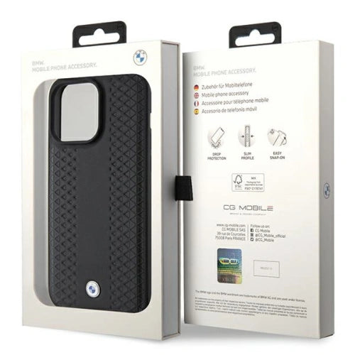 BMW Leather Case, Diamond Pattern, Slim Fit, Shockproof for iPhone 15 Pro Max | كفر بي ام دبليو جلدي بنقشة ماسية لهاتف ايفون 15 برو ماكس, تصميم نحيف مقاوم للصدمات