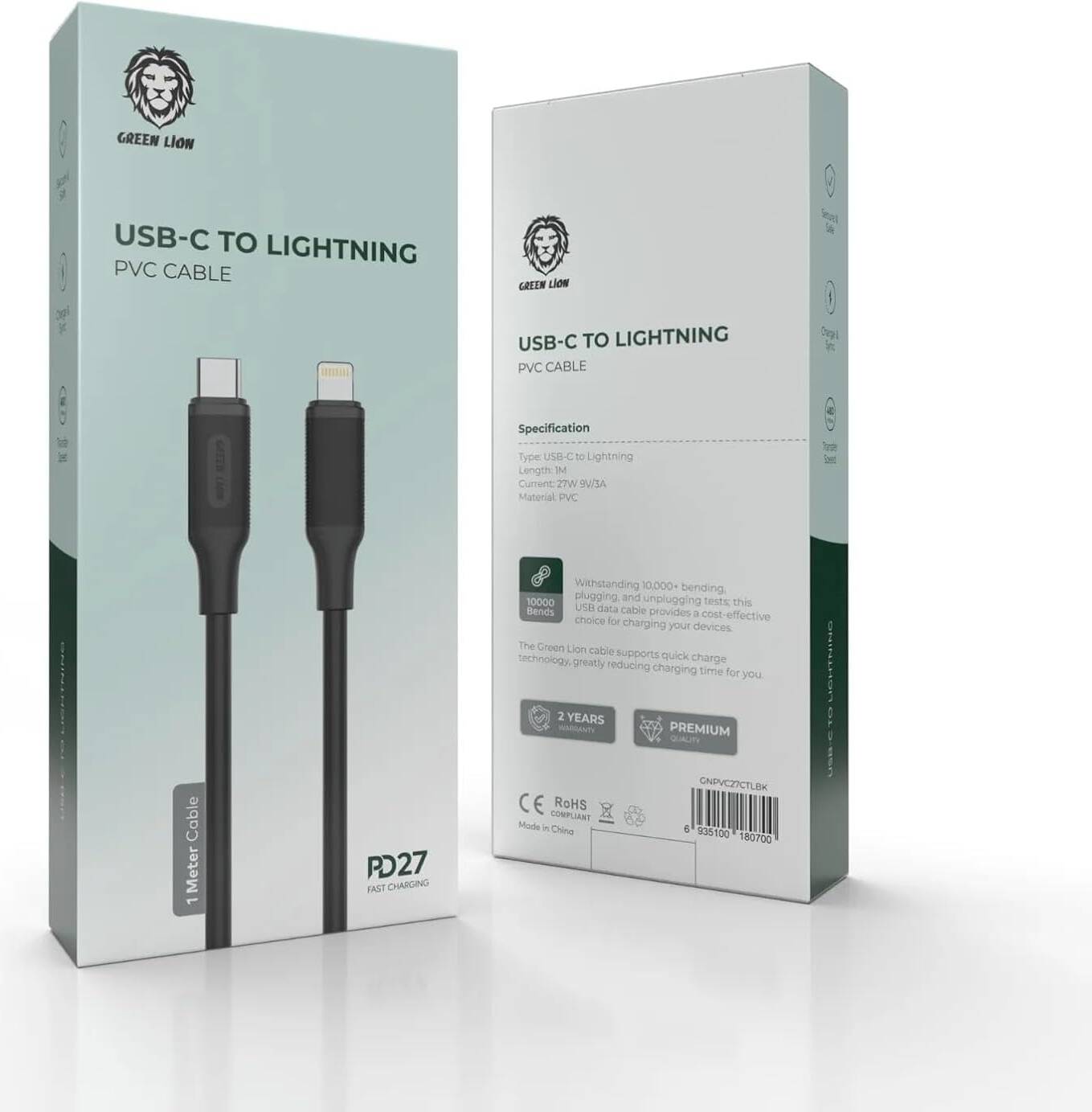 كيبل جرين لايون يو اس بي سي الى لايتننغ بقدرة شحن 27 واط وطول 1 متر - اسود | Green Lion USB-C to Lightning PVC Cable 1M PD 27W - Black