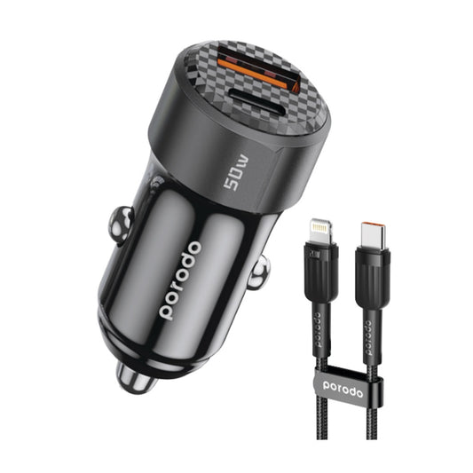 شاحن سيارة ثنائي المنفذ بقدرة 50 واط مع كيبل يو اس بي سي الى يو اس بي سي - اسود | Porodo 50W Dual Port Car Charger PD 20W QC 30W with C to C Cable – Black