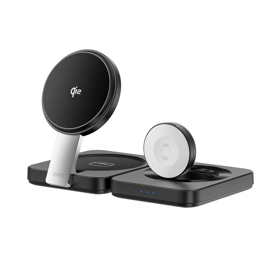 شاحن ويوو اللاسلكي 3 في 1 القابل للطي بتقنية Qi2.0 - اسود | WiWU Qi2.0 3 in 1 Folding Wireless Charger - Black