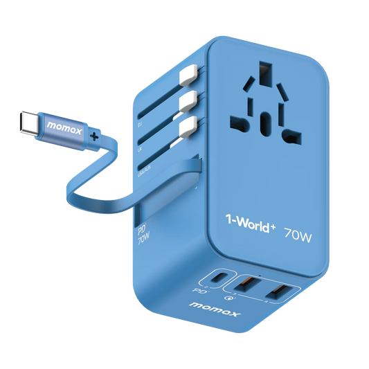 Momax 1-World+ 70W GaN 3-Port Charger with Built-in USB-C Cable - شاحن GaN موماكس 1-world بلس بقدرة 70 واط, شاحن سفر عالمي ب 3 منافذ مع كيبل USB-C