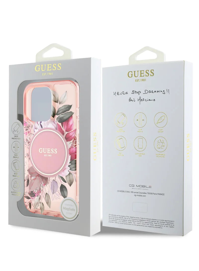 GUESS MagSafe Transparent Flower Case with Circle Logo for iPhone 16 Pro | كفر شفاف GUESS بتصميم ازهار وشعار دائري, متوافق مع ماج سيف لهاتف ايفون 16 برو