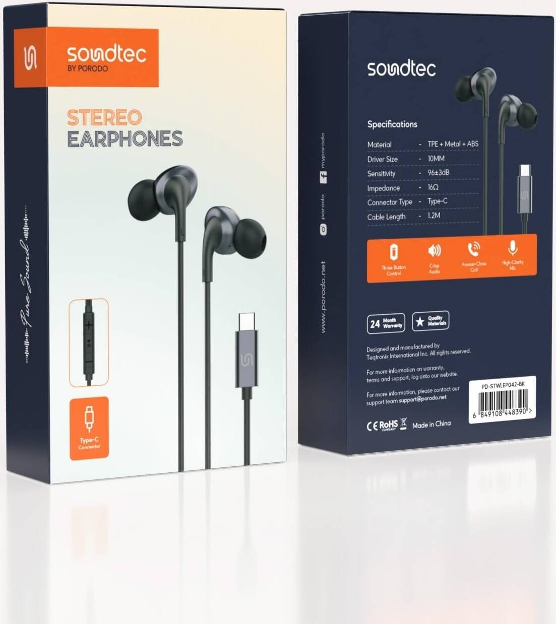 بورودو ساوندتيك سماعات معدنية سلكية 10 ملم بمنفذ يو اس بي سي - اسود | Porodo Soundtec Metal Earphones 10mm Type-C - Black