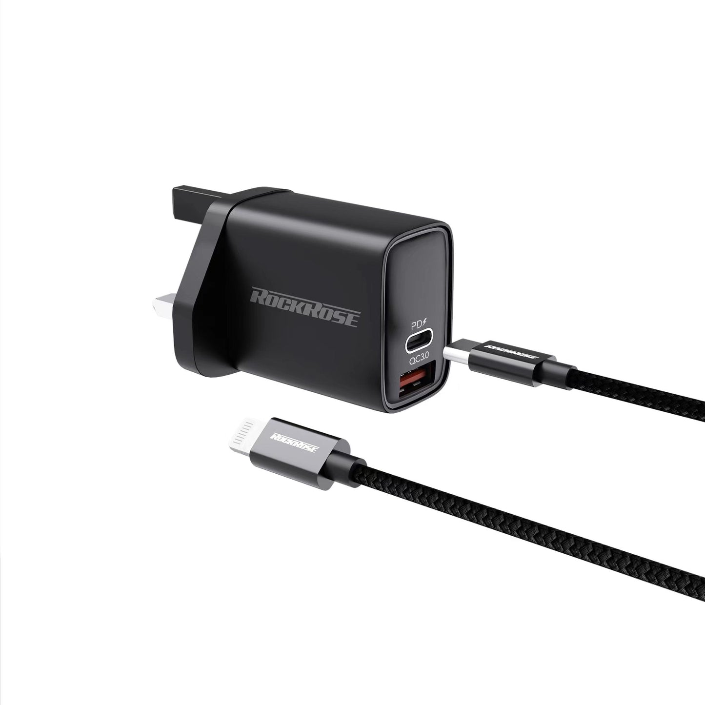 روك روز شاحن جداري 20 واط بي دي 3.0 مع كيبل ايفون  - RockRose Casa AC Neo Combo Black Wall Charger And Charging Cable