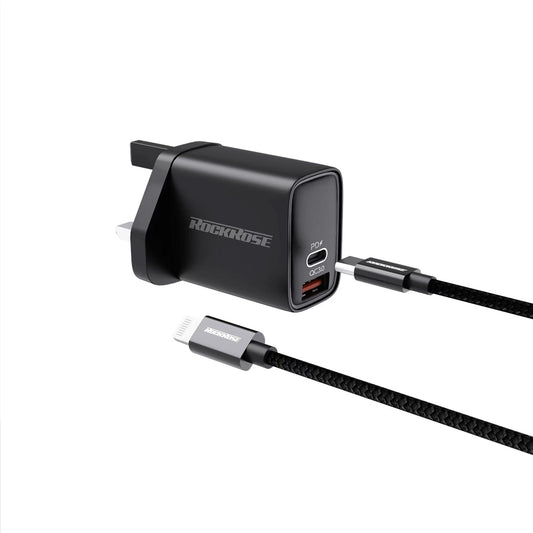 روك روز شاحن جداري 20 واط بي دي 3.0 مع كيبل ايفون  - RockRose Casa AC Neo Combo Black Wall Charger And Charging Cable