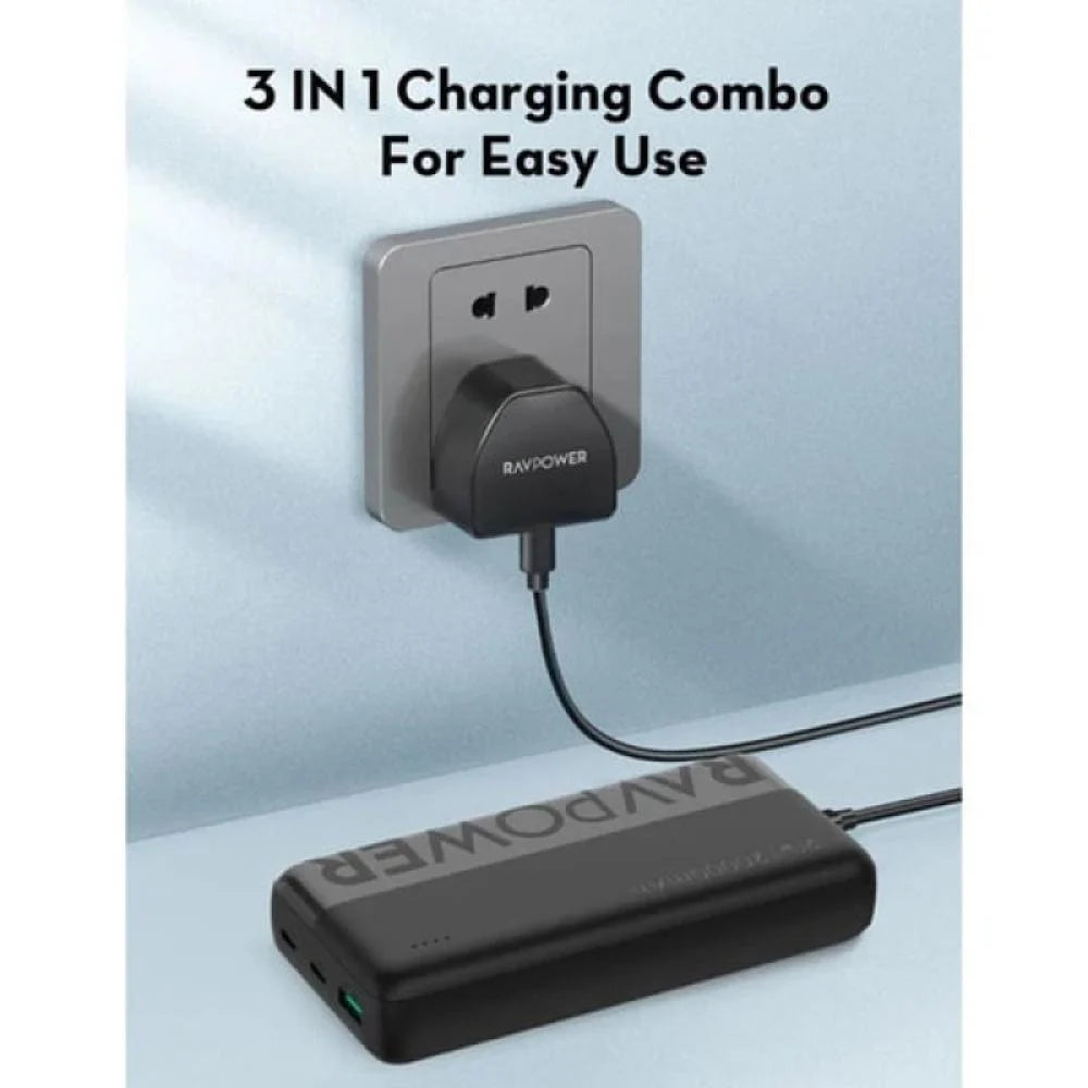 كومبو راف باور, شاحن جداري + باور بانك + كيبل تايب سي الى تايب سي - اسود | RAVPower PC1085 Combo – Wall Charger PC1041 + Power Bank PB1228 + Cable CB1021 – Black