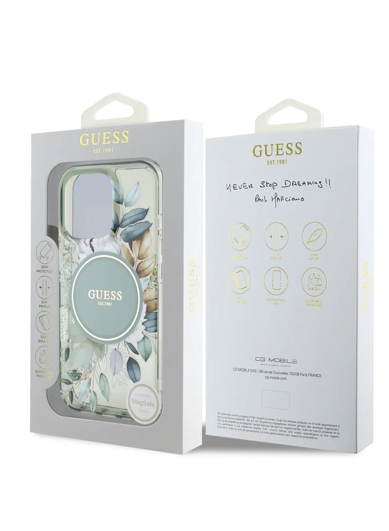GUESS MagSafe Transparent Flower Case with Circle Logo for iPhone 16 Pro | كفر شفاف GUESS بتصميم ازهار وشعار دائري, متوافق مع ماج سيف لهاتف ايفون 16 برو