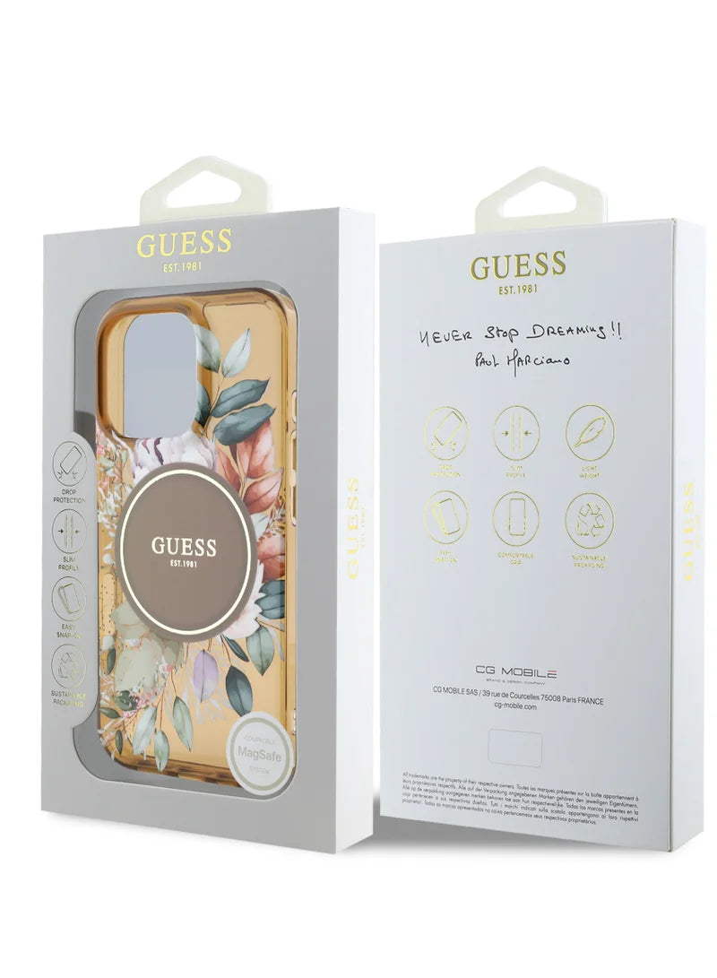 GUESS MagSafe Transparent Flower Case with Circle Logo for iPhone 16 Pro | كفر شفاف GUESS بتصميم ازهار وشعار دائري, متوافق مع ماج سيف لهاتف ايفون 16 برو