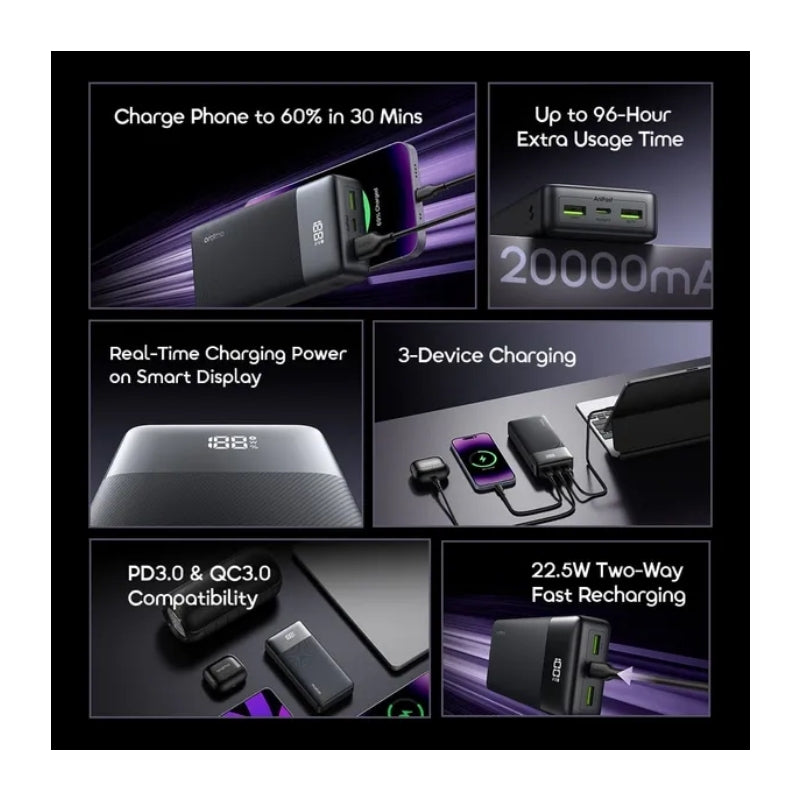 باور بانك اورايمو PowerNova بسعة 20,000 مللي امبير وبقدرة شحن 22.5 واط - اسود | Oraimo PowerNova OPB-7200Q 22.5W Power Bank - Black