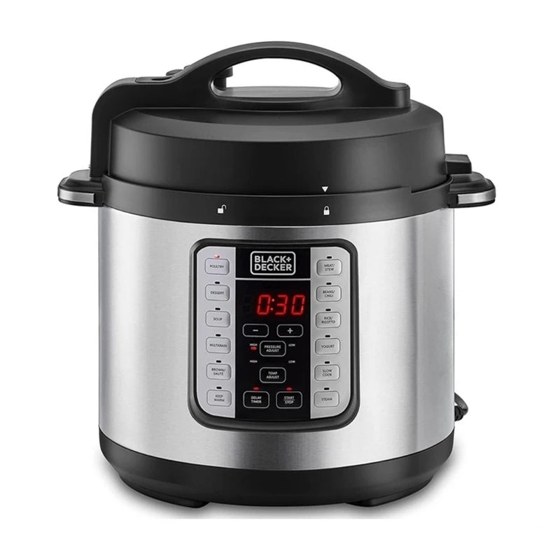 Black+Decker 1000W 6L 7 in 1 Electric Pressure Cooker, with 12 Smart Programs - قدر ضغط كهربائي بلاك أند ديكر 6 لتر 1000 وات 7 وظائف و12 برنامج ذكي