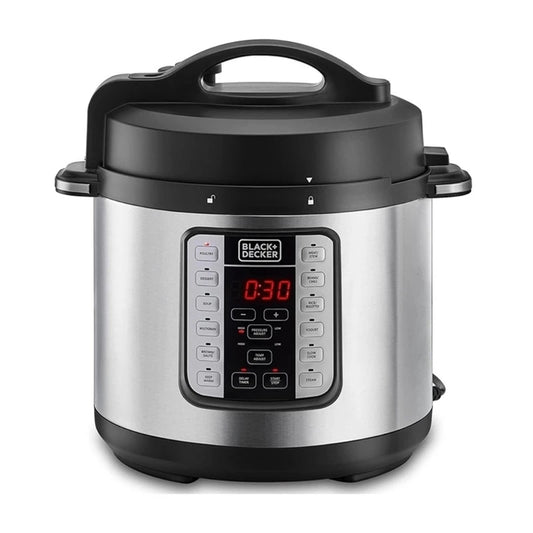 Black+Decker 1000W 6L 7 in 1 Electric Pressure Cooker, with 12 Smart Programs - قدر ضغط كهربائي بلاك أند ديكر 6 لتر 1000 وات 7 وظائف و12 برنامج ذكي