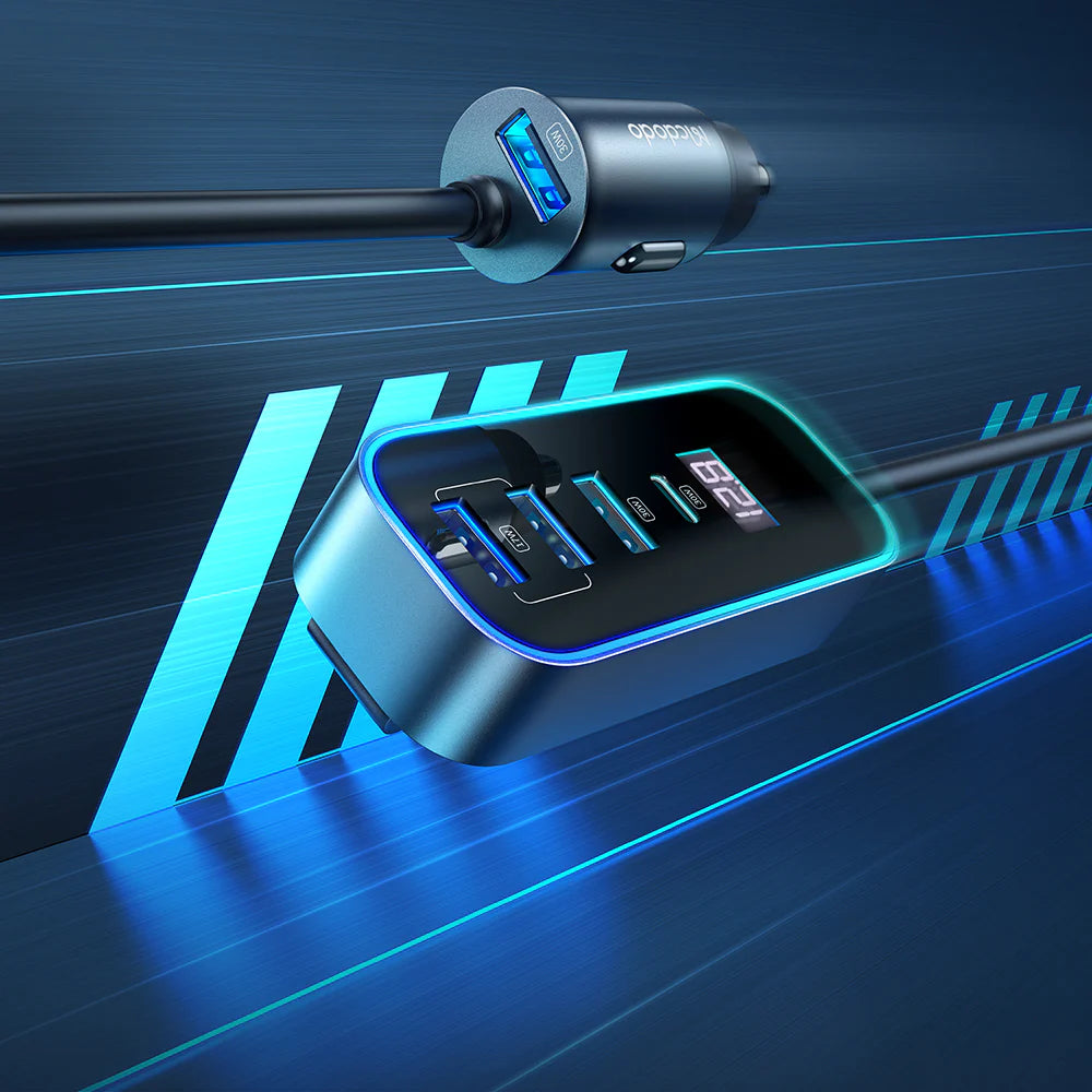 Mcdodo 107W 4-Port USB & Type C Car Charger with Digital Display -  شاشة سيارة بأربع منافذ يو اس بي وتايب سي بقدرة 107واط من مكدودو