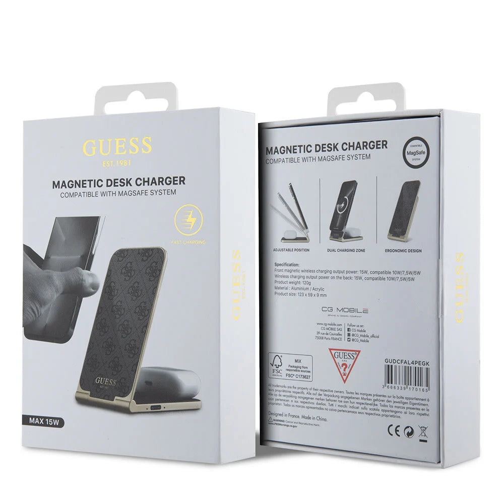 GUESS 15W Magnetic Desk Charger with 4G Pattern – MagSafe Compatible | شاحن مكتبي مغناطيسي بقدرة 15 واط من GUESS بتصميم 4 جي - متوافق مع ماج سيف