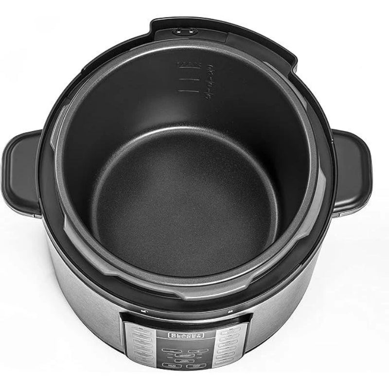 Black+Decker 1000W 6L 7 in 1 Electric Pressure Cooker, with 12 Smart Programs - قدر ضغط كهربائي بلاك أند ديكر 6 لتر 1000 وات 7 وظائف و12 برنامج ذكي