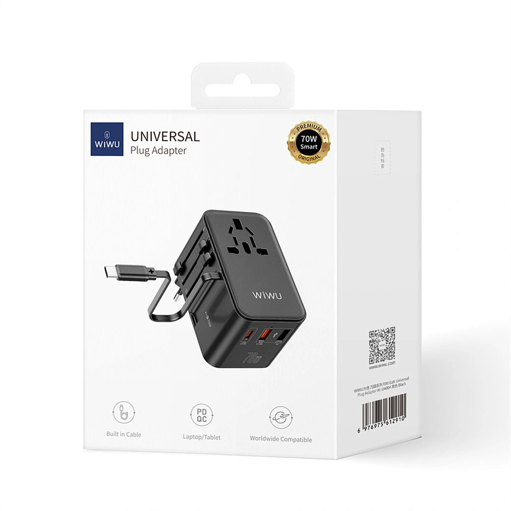 محول السفر العالمي من ويوو بقدرة شحن 70 واط مع كيبل تايب سي مدمج - اسود | WiWU Travel Universal Adapter UA004 70W GaN Charger With Built in Type-C Cable – Black