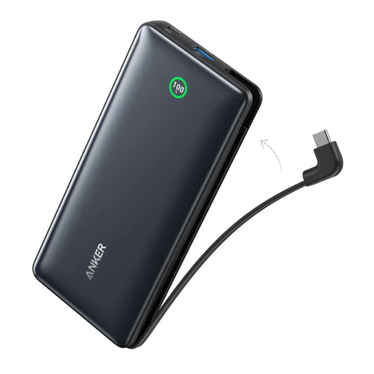 Anker Nano Power Bank 20K 30W Built-In USB-C Cable Black - باور بانك بقوة 30 واط وسعة 20000 مل أمبير مع كابل تايب سي مدمج من أنكر