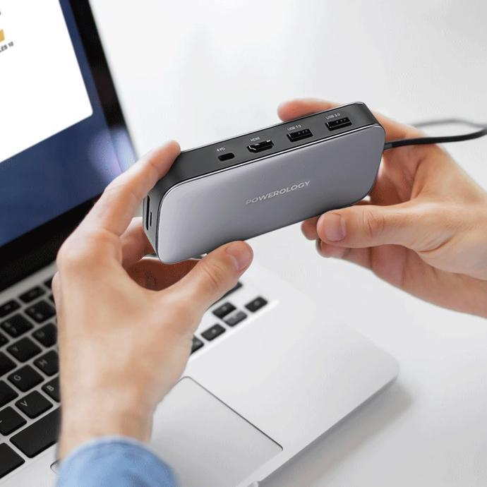 باورولوجي موزع يو اس بي سي مع وحدة تخزين SSD بسعة 512 جيجابايت ودعم للشحن السريع بقدرة 100 واط - رمادي | Powerology USB-C Hub & SSD Drive 512GB PD 100W - Gray