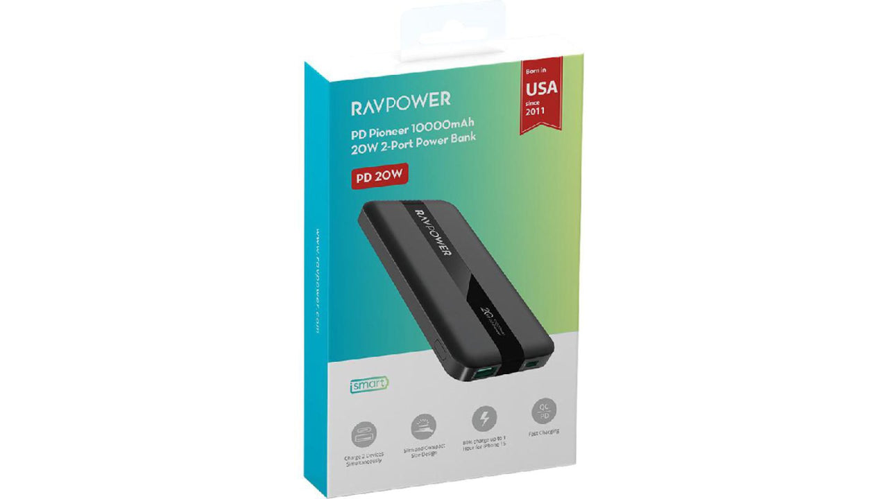باور بانك راف باور بسعة 10,000 مللي امبير وبقدرو شحن 20 واط - اسود | RAVPOWER PB1236 20W 2 Ports Power Bank (10000mAh) – Black