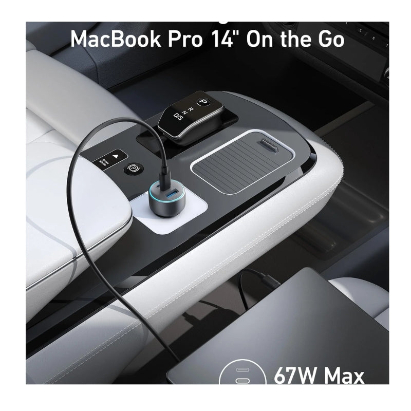 Anker Car Charger 67W 2C1A with 3ft C-to-C Cable Gray  -شاحن سيارة أنكر 67 وات 2C1A مع كابل C-to-C بطول 3 قدم، رمادي