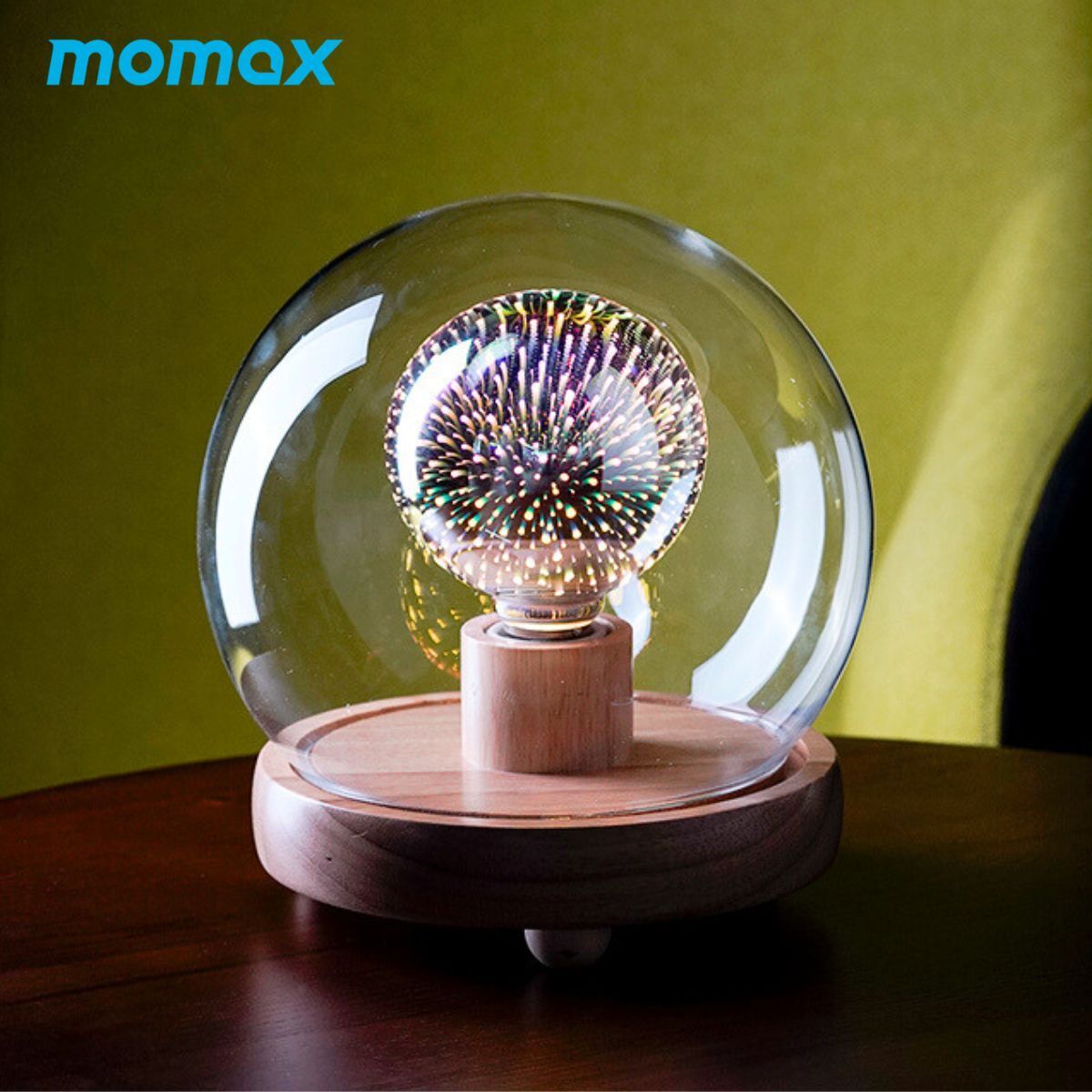 Momax Wooden Lamp Stand with Glass Cover - حامل مصباح خشبي موماكس مع غطاء زجاجي شفاف