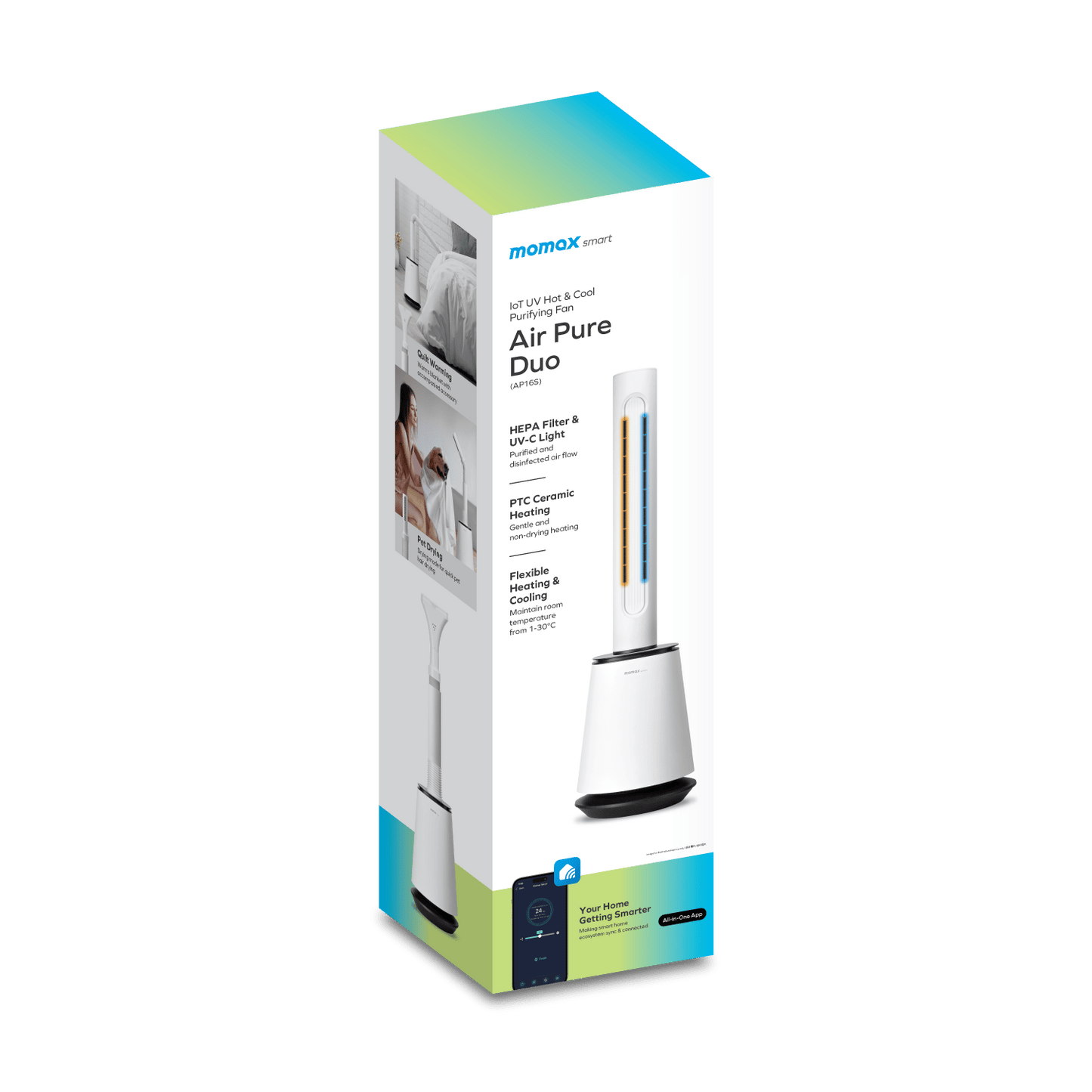 Momax Air Pure Duo IoT UV Hot & Cool Purifying Fan - مروحة تنقية الهواء موماكس اير بيور ديو, بتقنية UV, تبريد وتدفئة ذكية, تنقية هواء