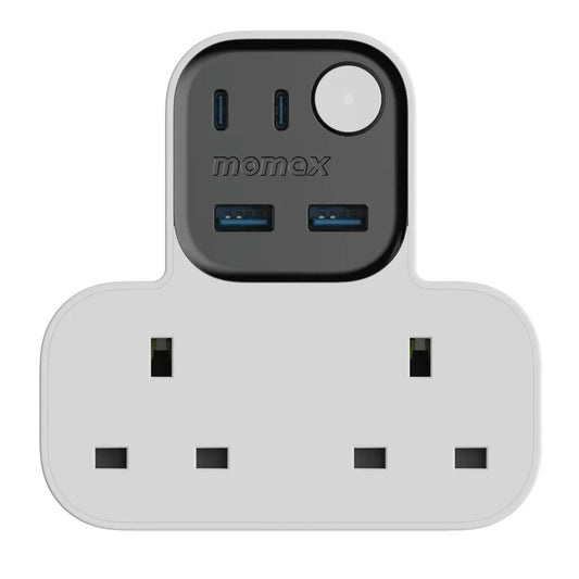 Momax Charge Work Flow T-Shaped Extension - مشترك موماكس جارج ورك فلو بشكل T مع منفذين و4 منافذ USB (2×USB-A و2×USB-C)