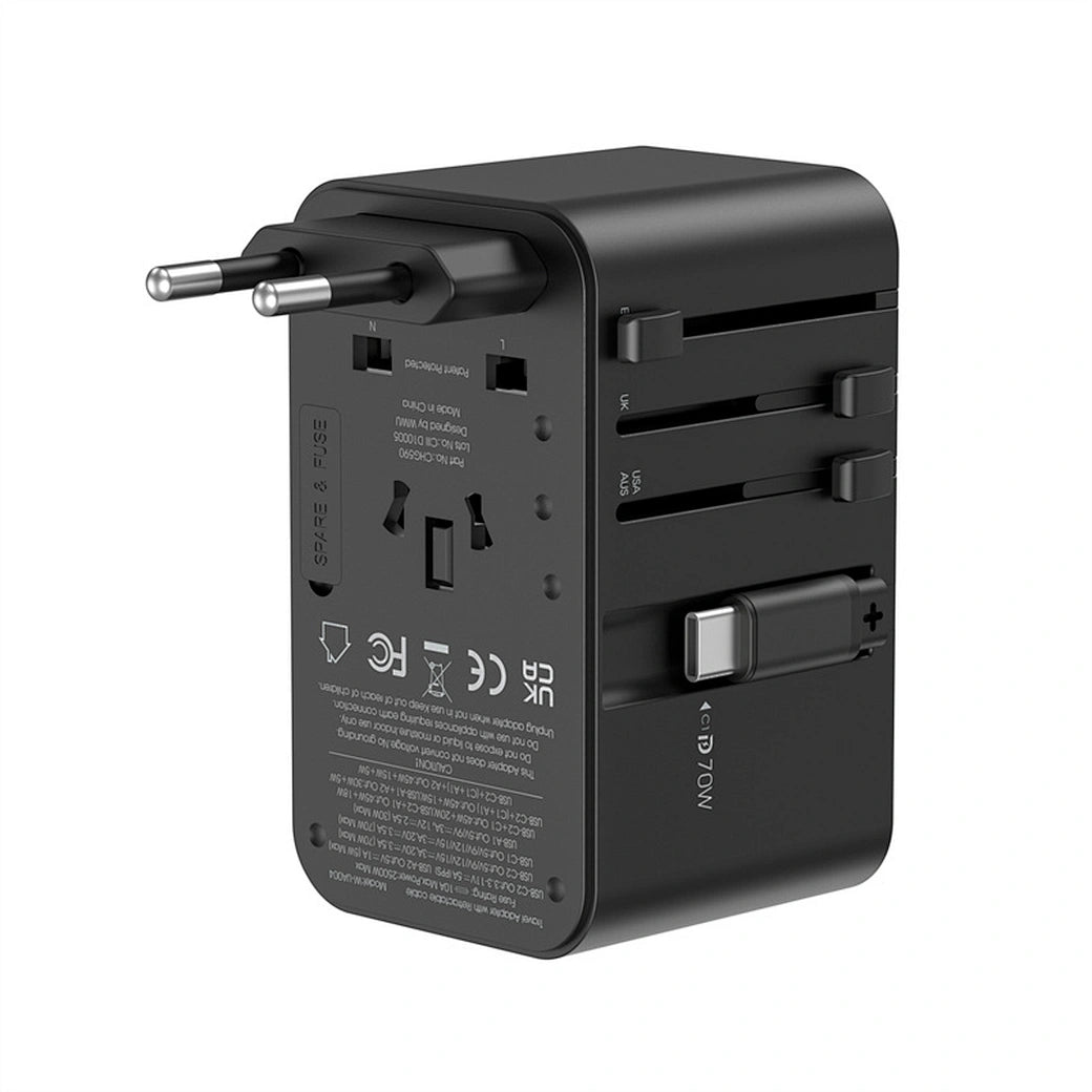 محول السفر العالمي من ويوو بقدرة شحن 70 واط مع كيبل تايب سي مدمج - اسود | WiWU Travel Universal Adapter UA004 70W GaN Charger With Built in Type-C Cable – Black