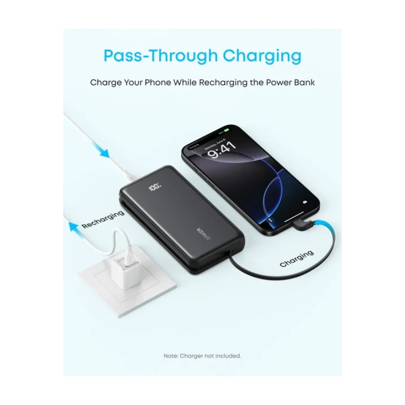 باور بانك انكر زولو بسعة 20,000 مللي امبير وبقدرة شحن 22.5 واط مع كيبل تايب سي مدمج - اسود | Anker Zolo 20000mAh 22.5W Emergency Charger with Built-in USB-C Cable – Black