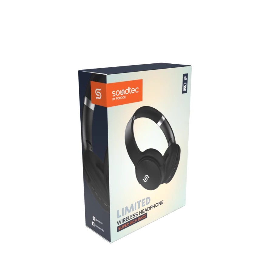 سماعة بورودو ساوندتيك ليميتيد اللاسلكية مع صوت بيز اضافي - اسود | Porodo Soundtec Limited Wireless Headphone with Extra Bass – Black