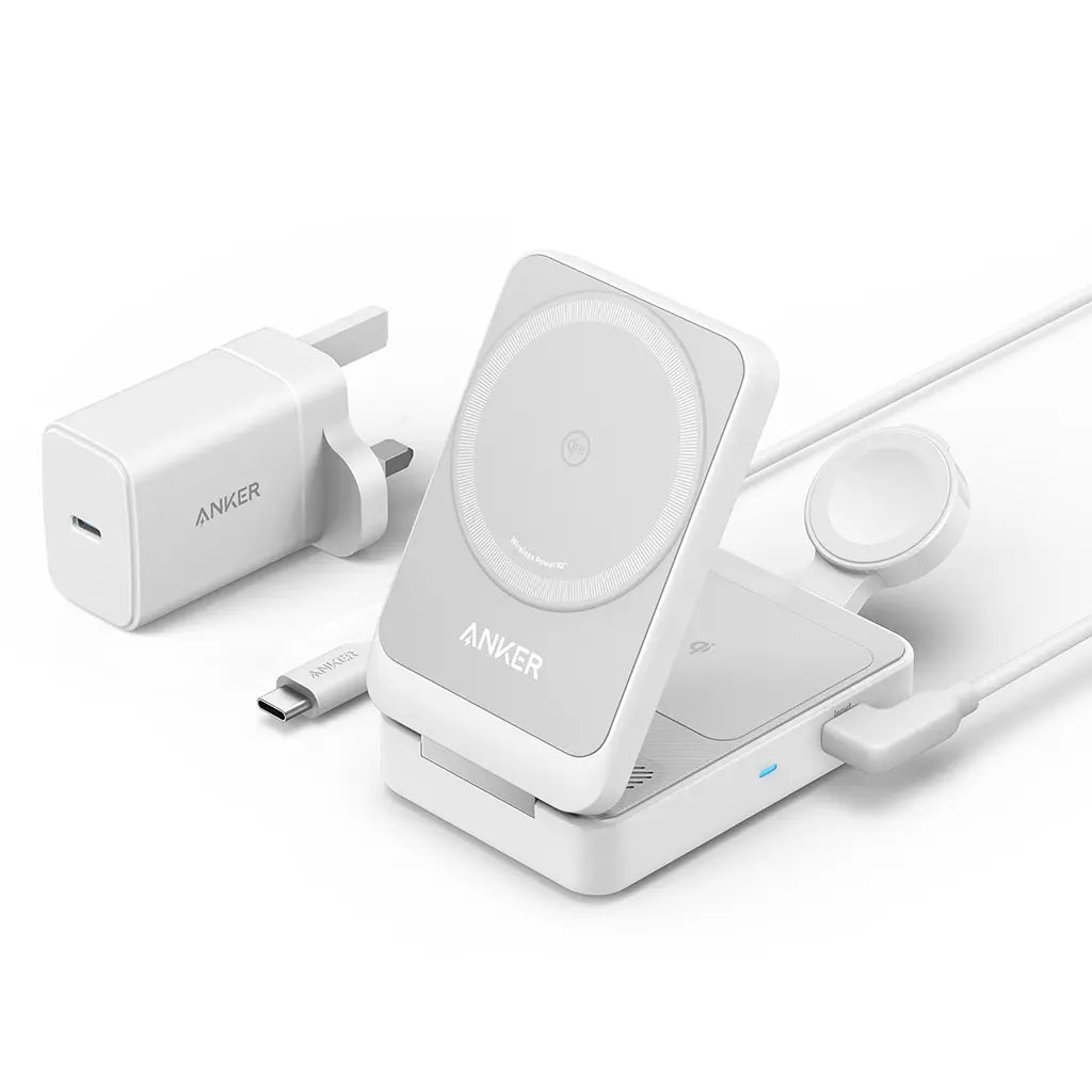 Anker MagGo 15W 3-in-1 Wireless Charging Station, Qi2 Certified Foldable Charger for iPhone | قاعدة شحن لاسلكية انكر ماج جو بقدرة 15 واط, شاحن 3 في 1 قابل للطي مع دعم QI2 للايفون