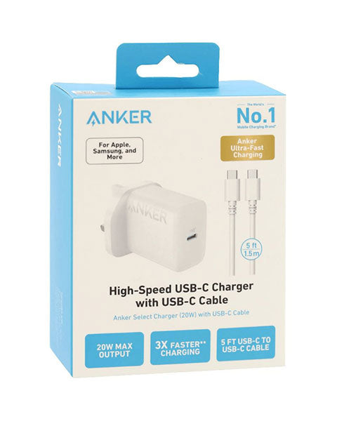 Anker 20W USB-C Ultra Fast Charger With USB-C to USB-C Cable (1.5m) - شاحن انكر يدعم شحن سريع  20 واط, بمنفذ USB-C + كيبل USB-C الى USB-C بطول 1.5م